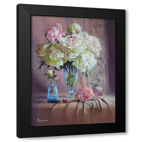 Still Life with Bouquet of Peonies Black Modern Wood Framed Art Print with Double Matting by Rogozina, Svetlana