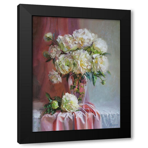 White Peonies Black Modern Wood Framed Art Print by Rogozina, Svetlana
