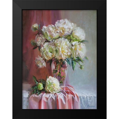 White Peonies Black Modern Wood Framed Art Print by Rogozina, Svetlana