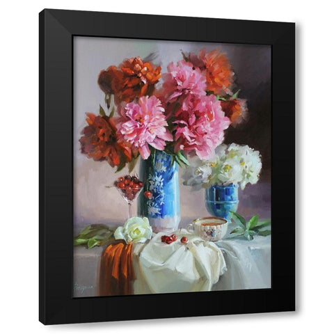 Scarlet Peonies Black Modern Wood Framed Art Print with Double Matting by Rogozina, Svetlana