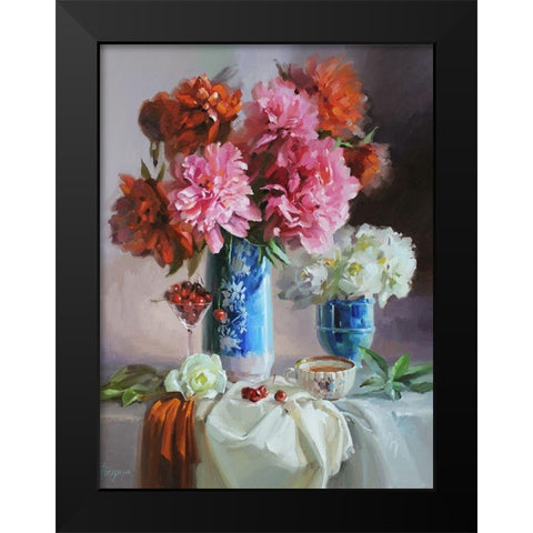 Scarlet Peonies Black Modern Wood Framed Art Print by Rogozina, Svetlana