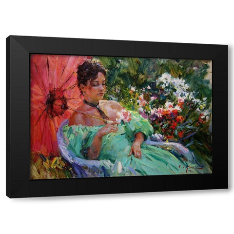 Lady in Green Dress and Red Umbrella Black Modern Wood Framed Art Print with Double Matting by Sviridov, Sergei