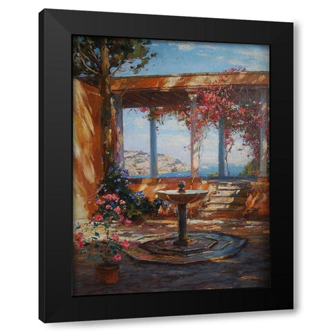 Fountain in Garden  Black Modern Wood Framed Art Print by Sviridov, Sergei