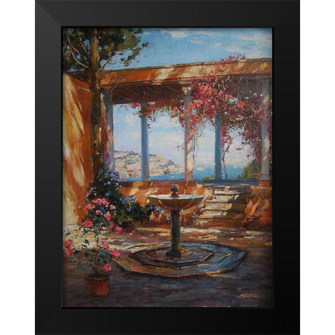 Fountain in Garden  Black Modern Wood Framed Art Print by Sviridov, Sergei