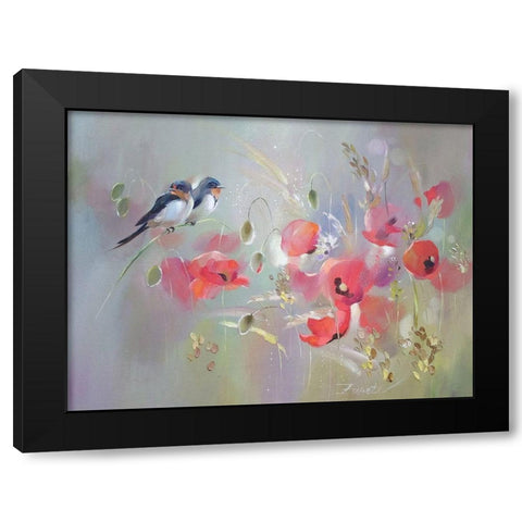Birds with Red Poppies Black Modern Wood Framed Art Print with Double Matting by Zareckaye, Tatiana