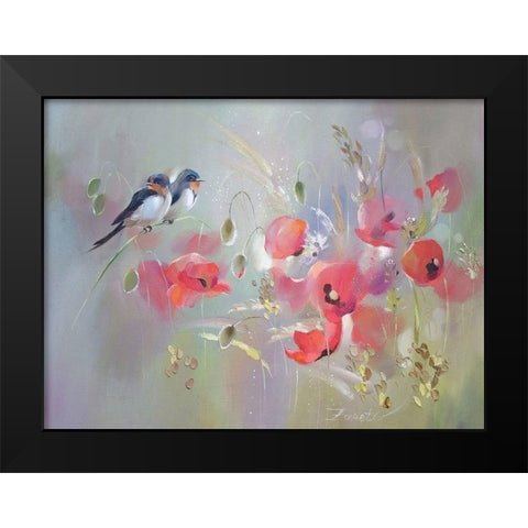 Birds with Red Poppies Black Modern Wood Framed Art Print by Zareckaye, Tatiana