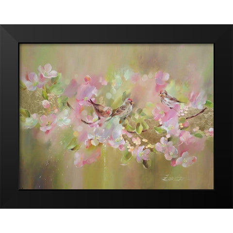 Bird on a pink Branch Black Modern Wood Framed Art Print by Zareckaye, Tatiana