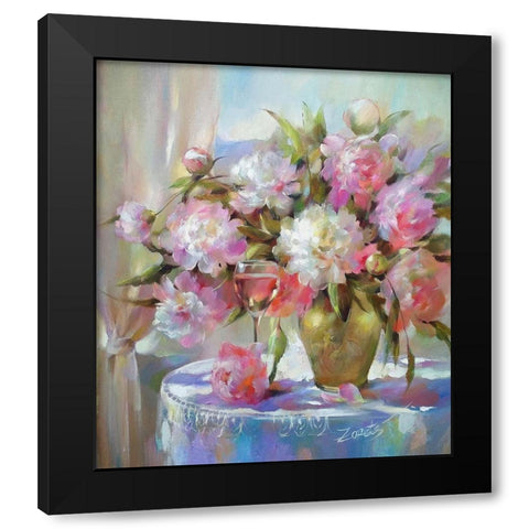 Glass vine with Peonies Black Modern Wood Framed Art Print by Zareckaye, Tatiana
