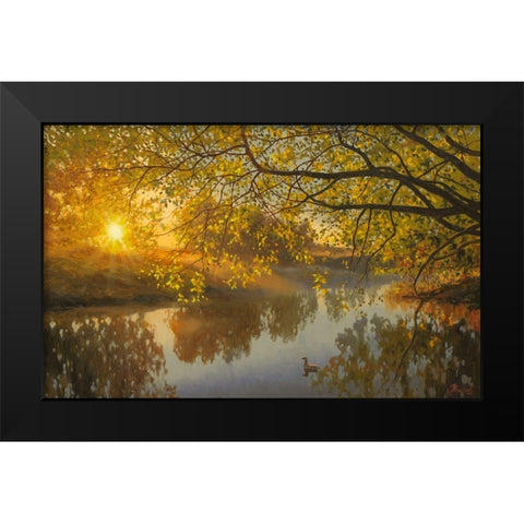 Sunrise above the  River Black Modern Wood Framed Art Print by Adamov, Alexey