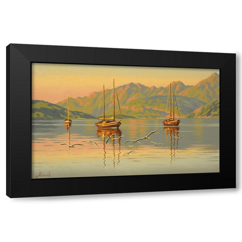 Boats with Seagulls Black Modern Wood Framed Art Print with Double Matting by Adamov, Alexey