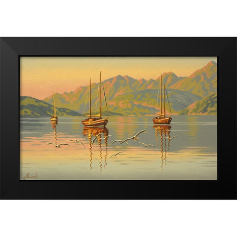 Boats with Seagulls Black Modern Wood Framed Art Print by Adamov, Alexey