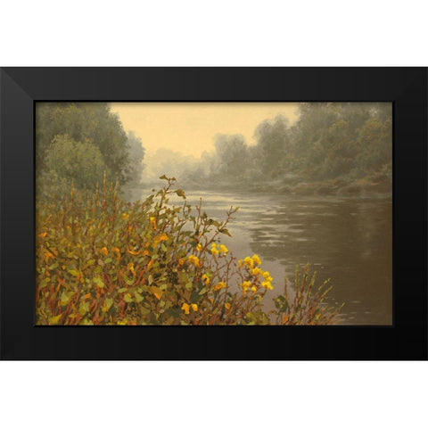 Yellow Flowers by the River Black Modern Wood Framed Art Print by Adamov, Alexey