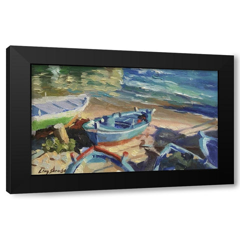 Blue Boat Black Modern Wood Framed Art Print with Double Matting by Strube, Ling