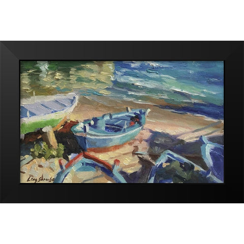 Blue Boat Black Modern Wood Framed Art Print by Strube, Ling