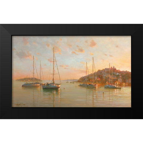 Yachts on the Sea Black Modern Wood Framed Art Print by Obuchovsky, Yury