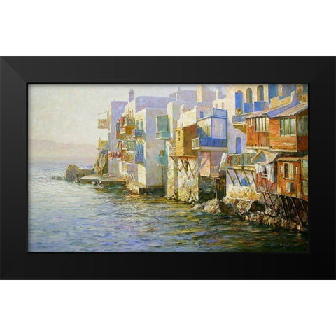 Island Mikonos Black Modern Wood Framed Art Print by Obuchovsky, Yury