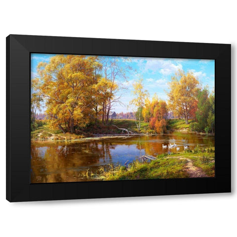 Village pond - autumn Black Modern Wood Framed Art Print with Double Matting by Basov, Sergej