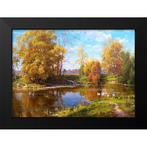 Village pond - autumn Black Modern Wood Framed Art Print by Basov, Sergej