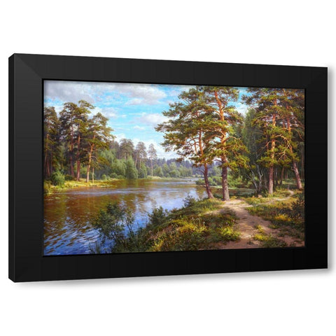 Lake at the forest Black Modern Wood Framed Art Print by Basov, Sergej