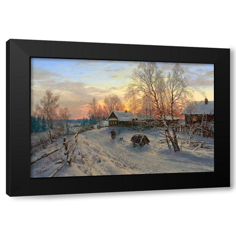 Winter evening in the village Black Modern Wood Framed Art Print with Double Matting by Basov, Sergej
