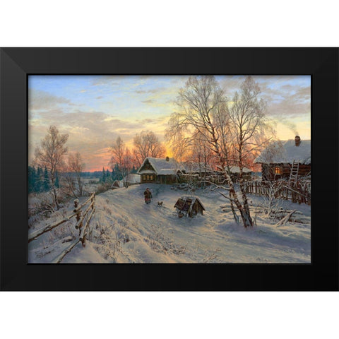 Winter evening in the village Black Modern Wood Framed Art Print by Basov, Sergej