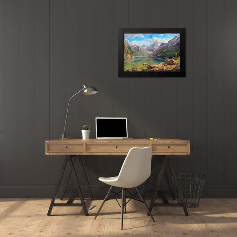 Mountain lake Black Modern Wood Framed Art Print by Basov, Sergej