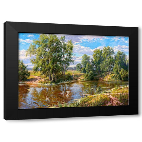 Village pond Black Modern Wood Framed Art Print by Basov, Sergej