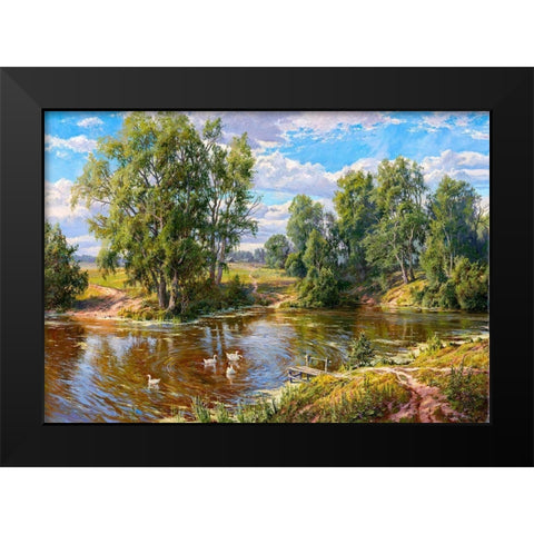 Village pond Black Modern Wood Framed Art Print by Basov, Sergej