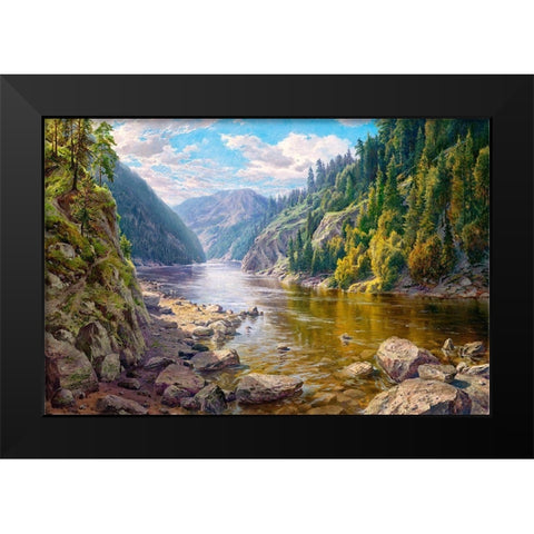 Mountain river Black Modern Wood Framed Art Print by Basov, Sergej