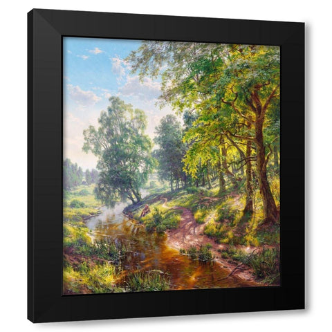 Landscape with a stream Black Modern Wood Framed Art Print with Double Matting by Basov, Sergej