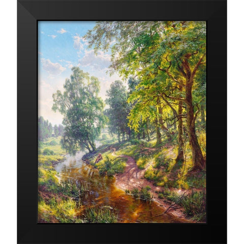 Landscape with a stream Black Modern Wood Framed Art Print by Basov, Sergej