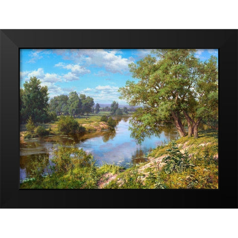 Landscape with river Black Modern Wood Framed Art Print by Basov, Sergej