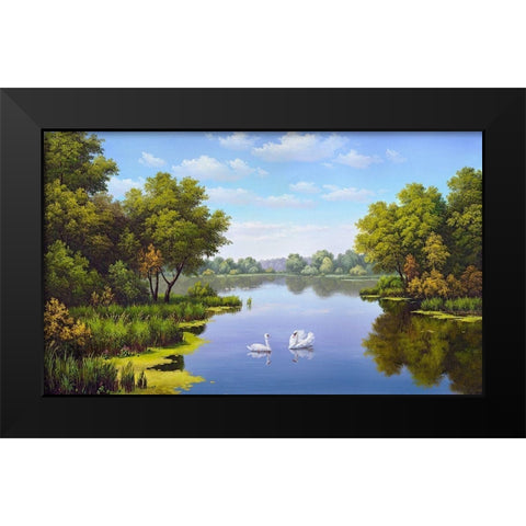 Landscape with swans Black Modern Wood Framed Art Print by Babichev, Vyacheslav