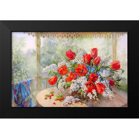 Tulips and bird-cherry Black Modern Wood Framed Art Print by Dandorf, Olga