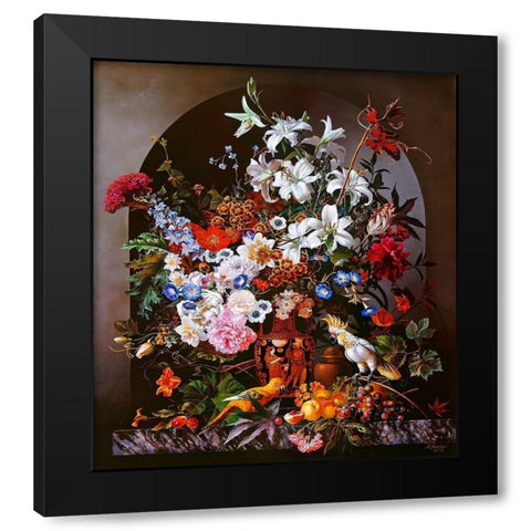 Still-life with parrots Black Modern Wood Framed Art Print by Golovin, Konstantin