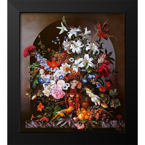 Still-life with parrots Black Modern Wood Framed Art Print by Golovin, Konstantin