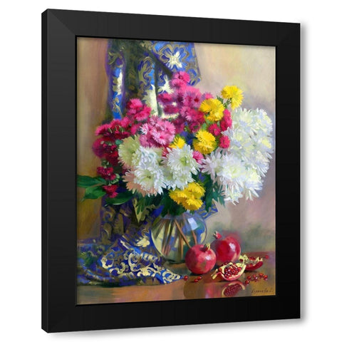 Chrysanthemums and pomegranates Black Modern Wood Framed Art Print by Goryacheva, Svetlana