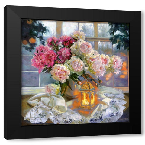 Peonies and lantern Black Modern Wood Framed Art Print by Goryacheva, Svetlana