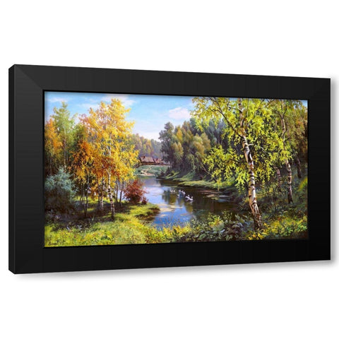 Geese in the village Black Modern Wood Framed Art Print by Prishchepa, Igor