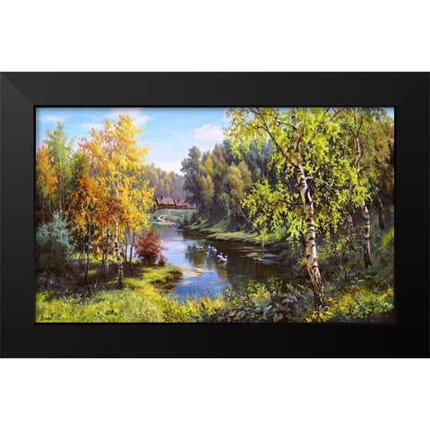 Geese in the village Black Modern Wood Framed Art Print by Prishchepa, Igor