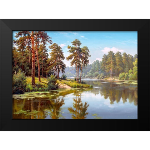 Pines by the water Black Modern Wood Framed Art Print by Prishchepa, Igor