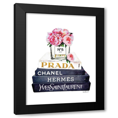 Book Stack Pink Peony Black Modern Wood Framed Art Print by Greenwood, Amanda