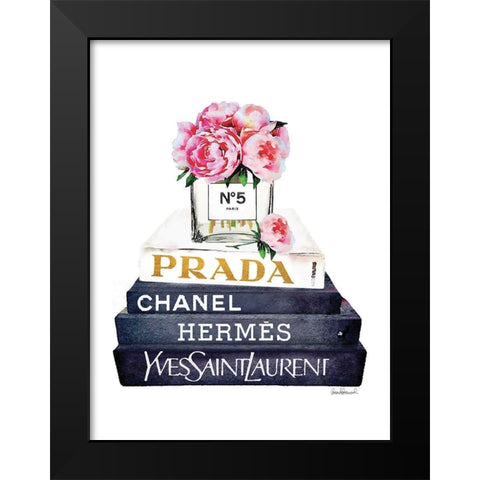 Book Stack Pink Peony Black Modern Wood Framed Art Print by Greenwood, Amanda