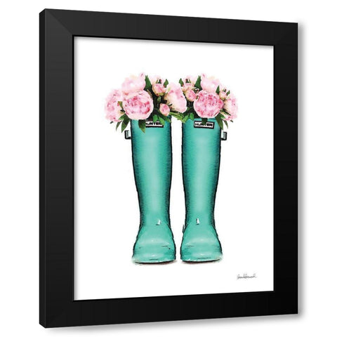 Teal Rain Boots with Peony Black Modern Wood Framed Art Print with Double Matting by Greenwood, Amanda