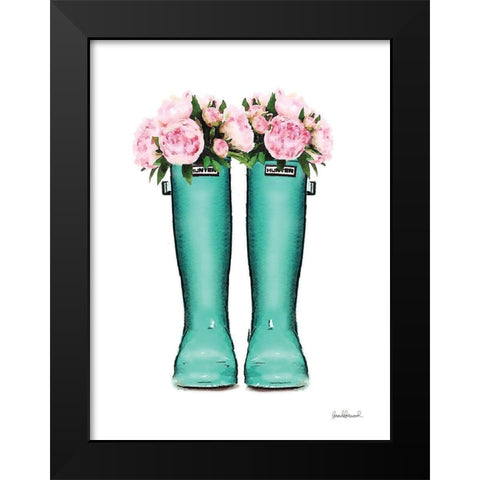 Teal Rain Boots with Peony Black Modern Wood Framed Art Print by Greenwood, Amanda