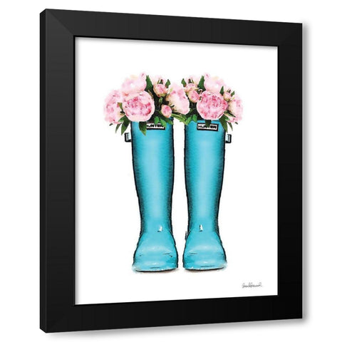 Blue Rain Boots with Peony Black Modern Wood Framed Art Print by Greenwood, Amanda