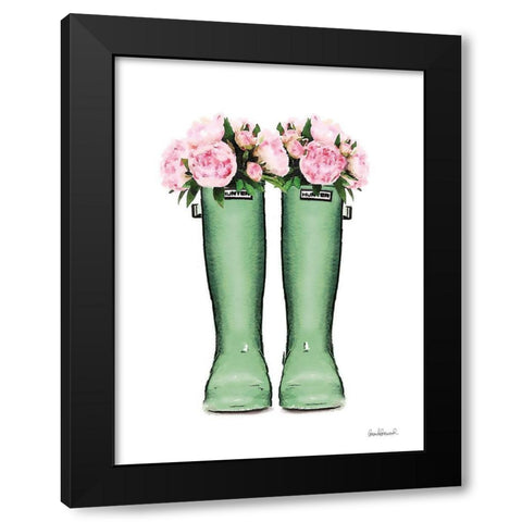 Green Rain Boots with Peony Black Modern Wood Framed Art Print by Greenwood, Amanda