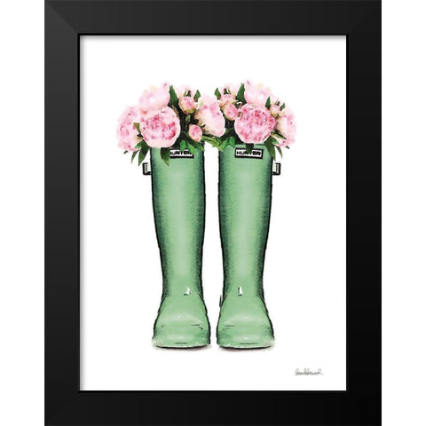 Green Rain Boots with Peony Black Modern Wood Framed Art Print by Greenwood, Amanda