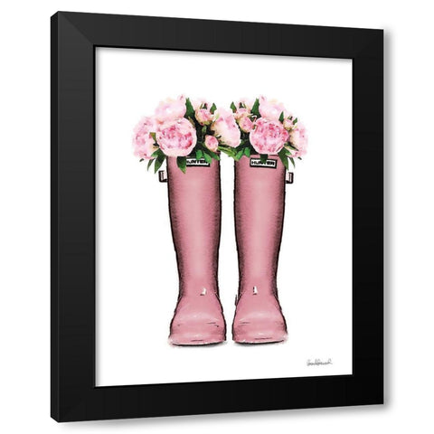 Pink Rain Boots with Peony Black Modern Wood Framed Art Print with Double Matting by Greenwood, Amanda