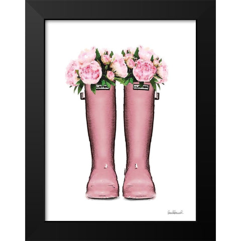 Pink Rain Boots with Peony Black Modern Wood Framed Art Print by Greenwood, Amanda